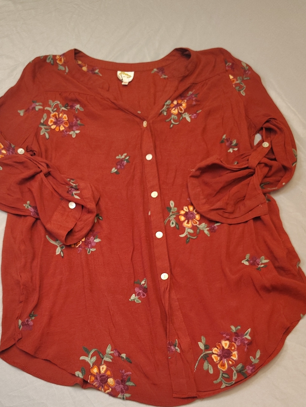fig and flower Rust Floral Embroidered Button-Down Top